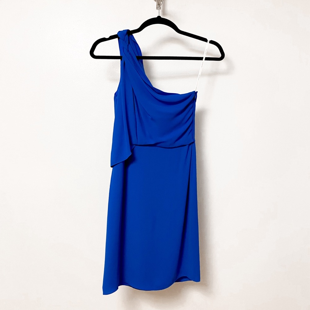 NWT* Halston One Shoulder Braided Strap Summer Chic Mini Dress in Wave Blue - Picture 3 of 11